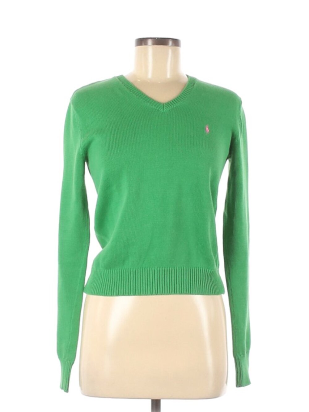 Ralph Lauren Sport Green V-Neck Cotton Knit Sweater Pink Pony Logo Medium